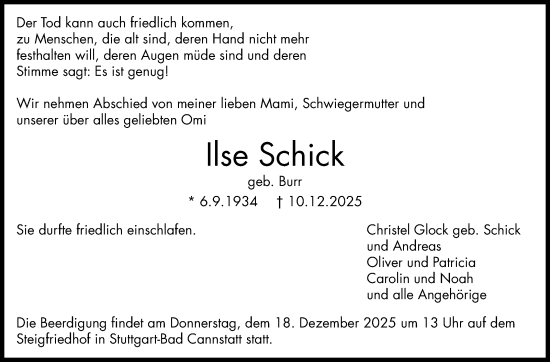 Traueranzeige von Ilse Schick von Stuttgarter Zeitung / Stuttgarter Nachrichten