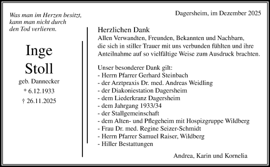 Traueranzeige von Inge Stoll von Kreiszeitung Böblinger Bote