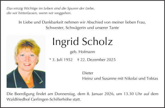 Traueranzeige von Ingrid Scholz von Stuttgarter Zeitung / Stuttgarter Nachrichten