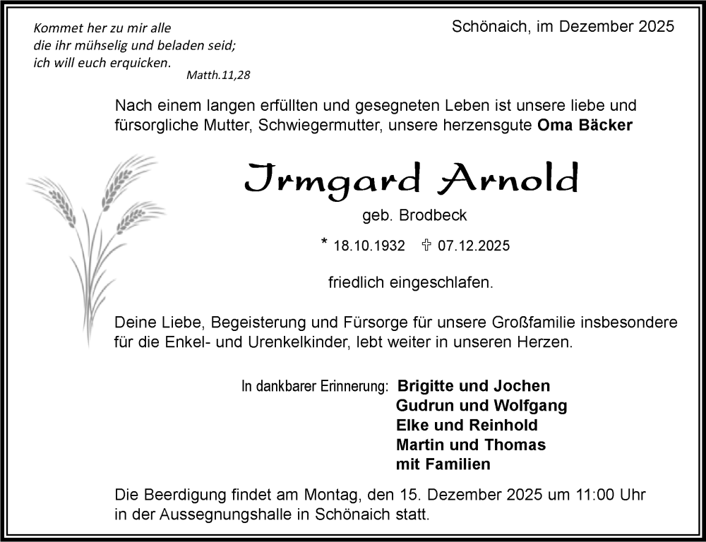  Traueranzeige für Irmgard Arnold vom 11.12.2025 aus Kreiszeitung Böblinger Bote