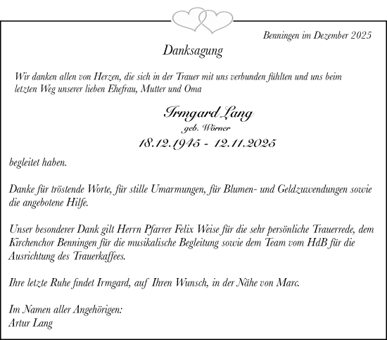Traueranzeige von Irmgard Lang von Marbacher Zeitung