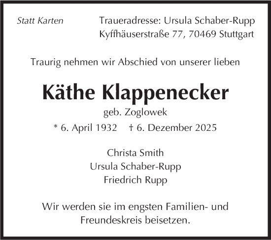 Traueranzeige von Käthe Klappenecker von Stuttgarter Zeitung / Stuttgarter Nachrichten