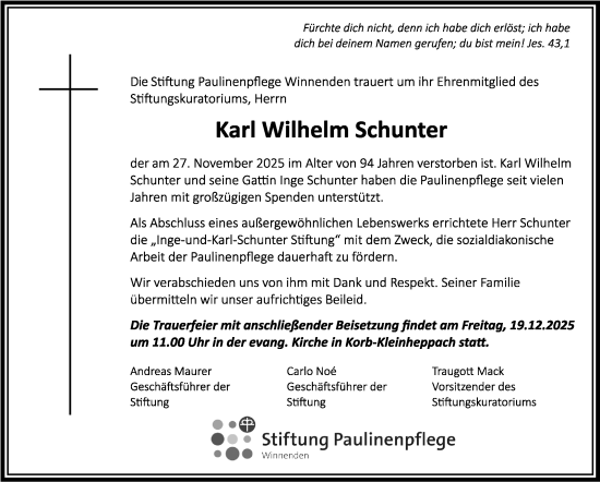 Traueranzeige von Karl Wilhelm Schunter von Stuttgarter Zeitung / Stuttgarter Nachrichten