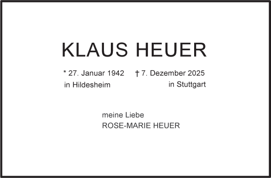 Traueranzeige von Klaus Heuer von Stuttgarter Zeitung / Stuttgarter Nachrichten