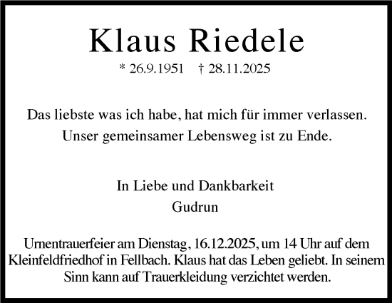 Traueranzeige von Klaus Riedele von Stuttgarter Zeitung / Stuttgarter Nachrichten
