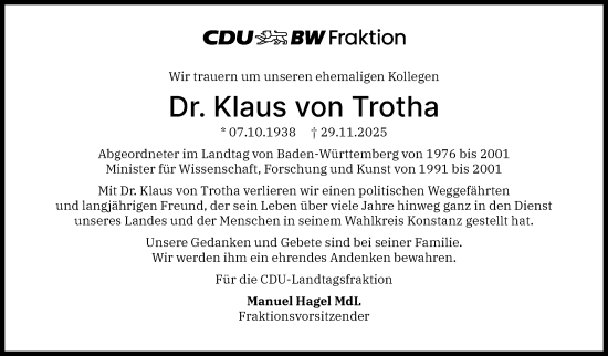 Traueranzeige von Klaus von Trotha von Stuttgarter Zeitung / Stuttgarter Nachrichten