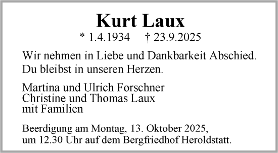 Traueranzeige von Kurt Laux von Stuttgarter Zeitung / Stuttgarter Nachrichten