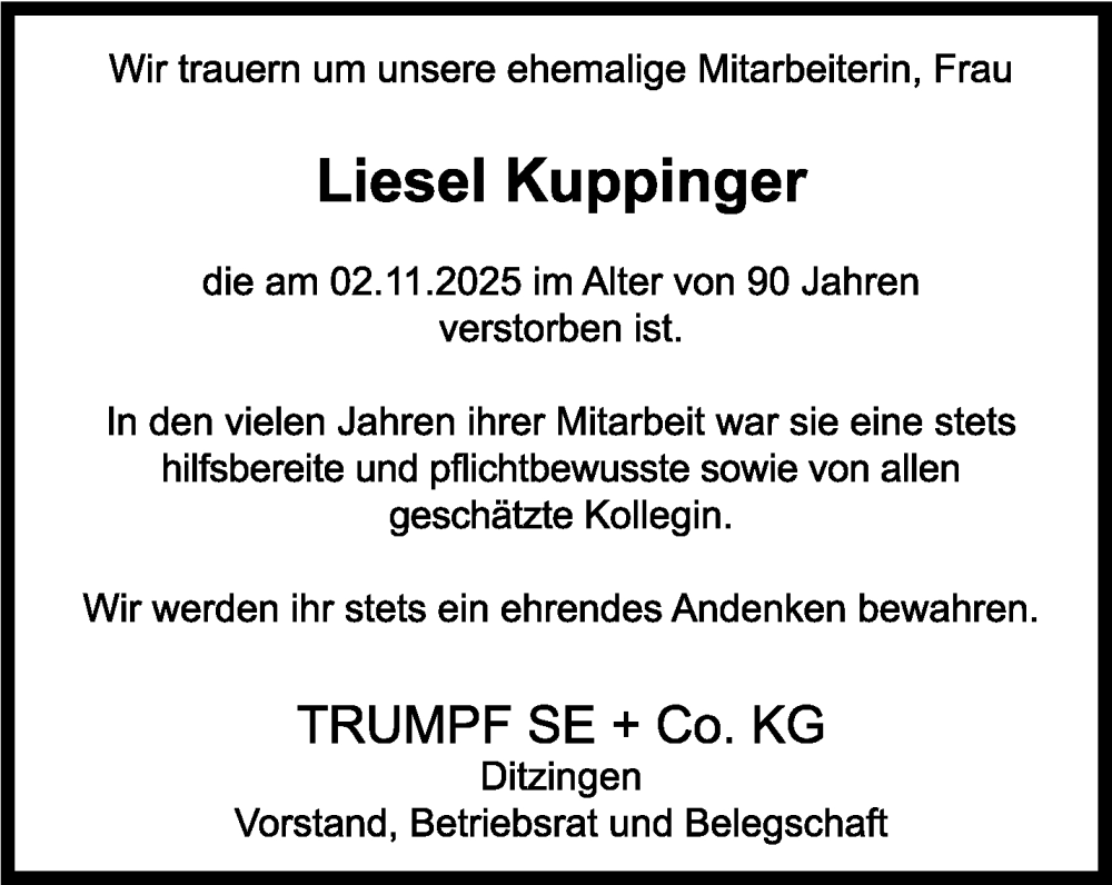  Traueranzeige für Liesel Kuppinger vom 08.12.2025 aus Stuttgarter Zeitung / Stuttgarter Nachrichten