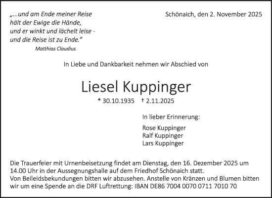 Traueranzeige von Liesel Kuppinger von Stuttgarter Zeitung / Stuttgarter Nachrichten