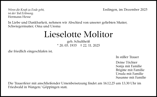 Traueranzeige von Lieselotte Molitor von Eßlinger Zeitung
