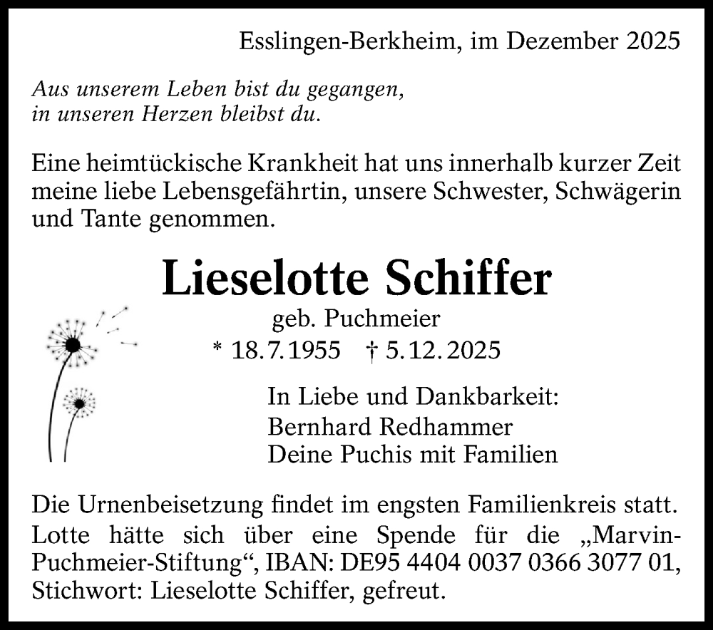  Traueranzeige für Lieselotte Schiffer vom 13.12.2025 aus Eßlinger Zeitung