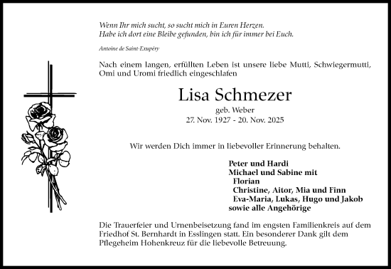 Traueranzeige von Lisa Schmezer von Eßlinger Zeitung