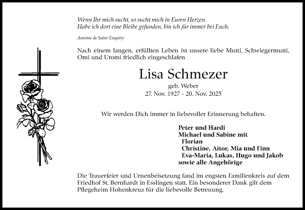  Traueranzeige für Lisa Schmezer vom 13.12.2025 aus Eßlinger Zeitung