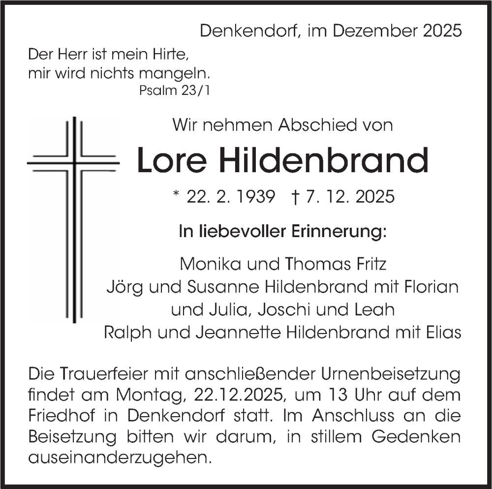  Traueranzeige für Lore Hildenbrand vom 13.12.2025 aus Eßlinger Zeitung