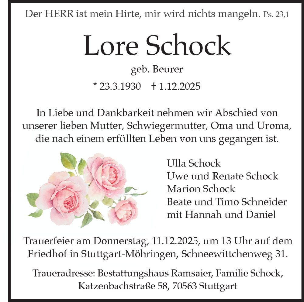 Traueranzeige für Lore Schock vom 09.12.2025 aus Stuttgarter Zeitung / Stuttgarter Nachrichten