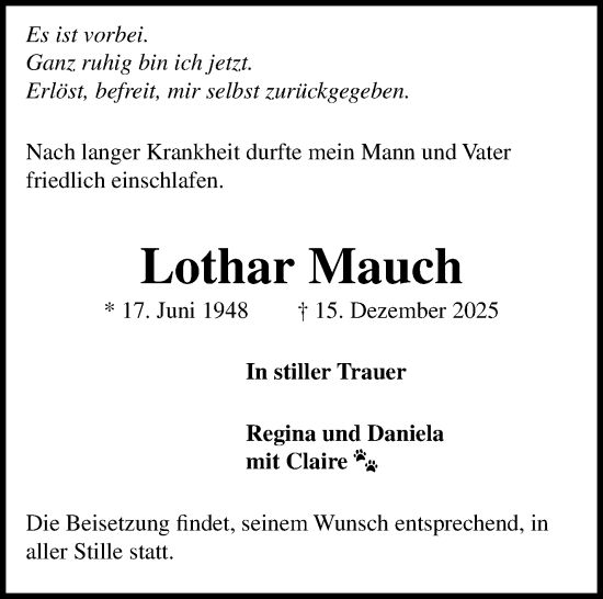 Traueranzeige von Lothar Mauch von Stuttgarter Zeitung / Stuttgarter Nachrichten