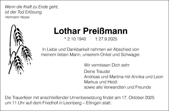 Traueranzeige von Lothar Preißmann von Leonberger Kreiszeitung / Strohgäu Extra
