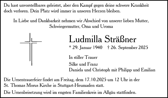 Traueranzeige von Ludmilla Sträßner von Stuttgarter Zeitung / Stuttgarter Nachrichten