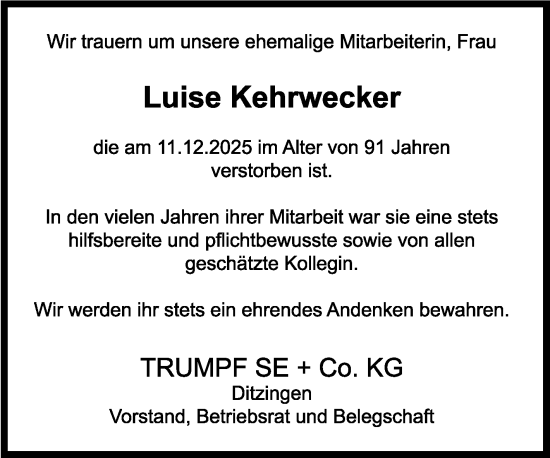 Traueranzeige von Luise Kehrwecker von Stuttgarter Zeitung / Stuttgarter Nachrichten