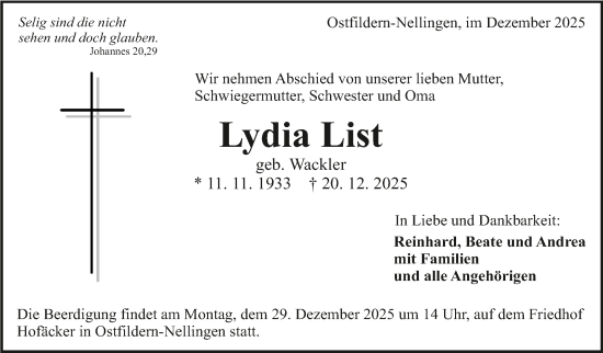 Traueranzeige von Lydia List von Eßlinger Zeitung