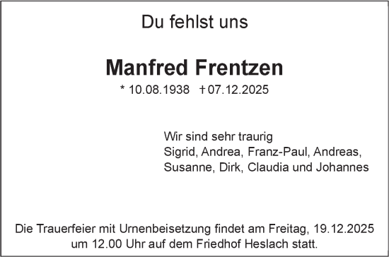 Traueranzeige von Manfred Frentzen von Stuttgarter Zeitung / Stuttgarter Nachrichten