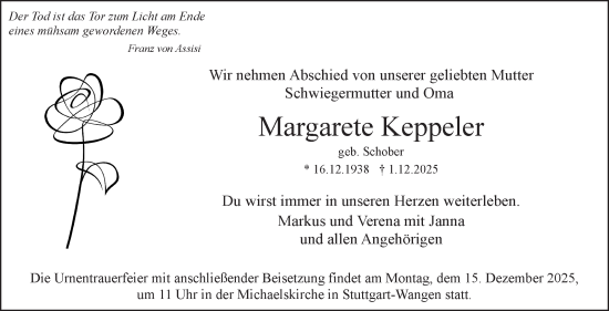 Traueranzeige von Margarete Keppeler von Stuttgarter Zeitung / Stuttgarter Nachrichten