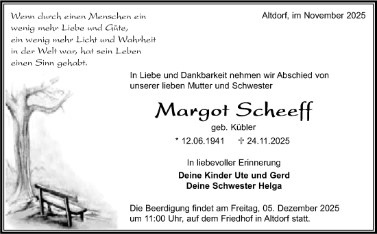 Traueranzeige von Margot Scheeff von Kreiszeitung Böblinger Bote
