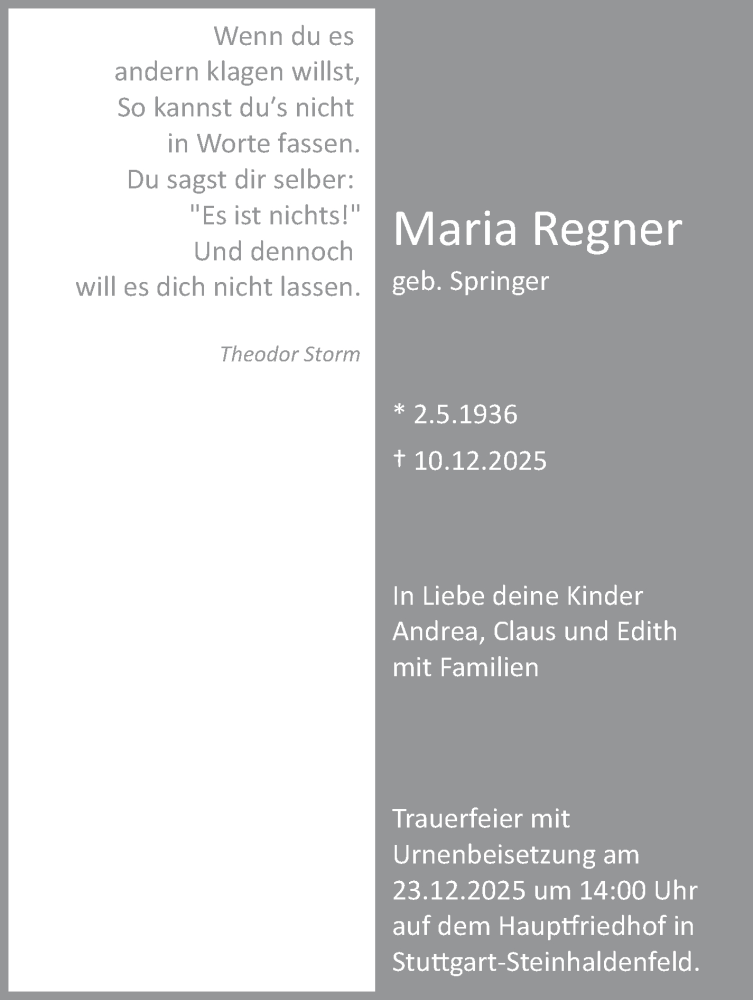  Traueranzeige für Maria Regner vom 17.12.2025 aus Stuttgarter Zeitung / Stuttgarter Nachrichten