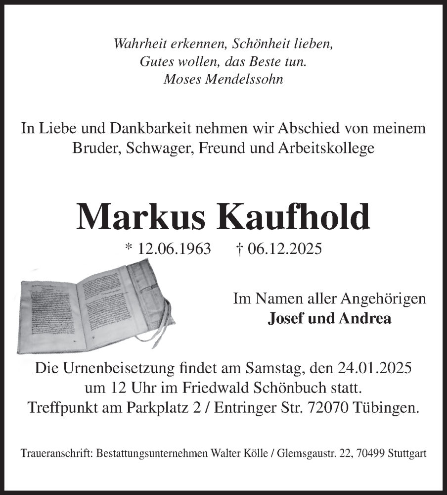  Traueranzeige für Markus Kaufhold vom 23.12.2025 aus Stuttgarter Zeitung / Stuttgarter Nachrichten