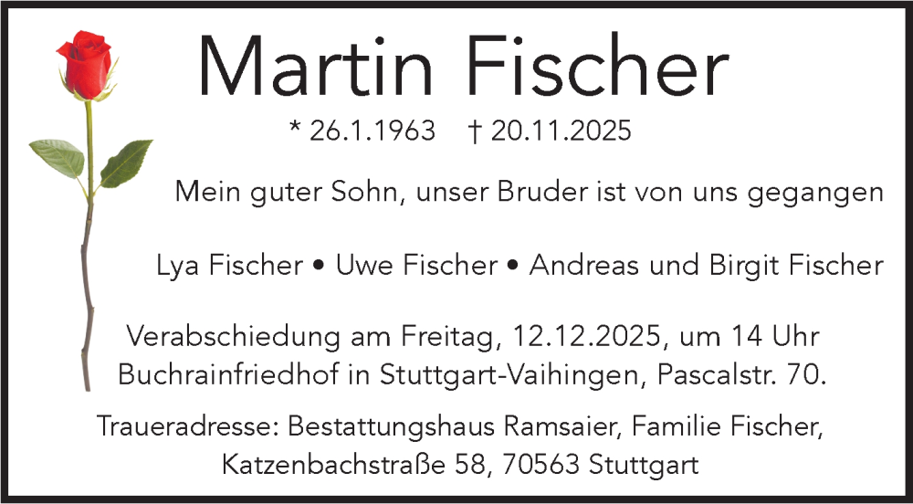  Traueranzeige für Martin Fischer vom 06.12.2025 aus Stuttgarter Zeitung / Stuttgarter Nachrichten