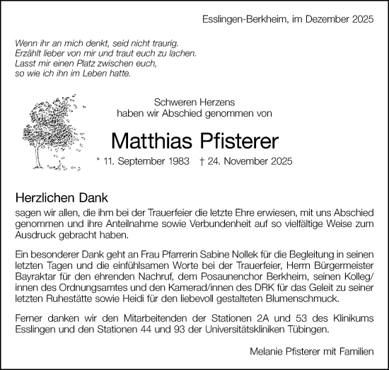 Traueranzeige von Matthias Pfisterer von Eßlinger Zeitung