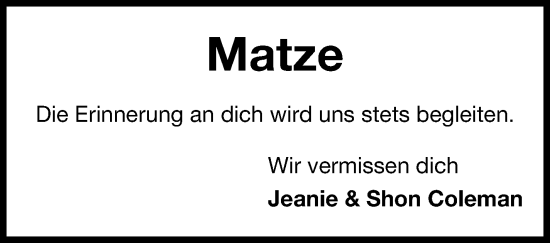 Traueranzeige von Matze  von Marbacher Zeitung