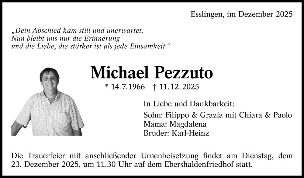  Traueranzeige für Michael Pezzuto vom 20.12.2025 aus Eßlinger Zeitung