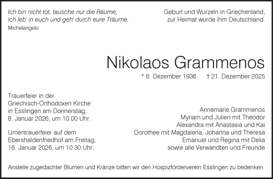 Traueranzeige von Nikolaos Grammenos von Eßlinger Zeitung