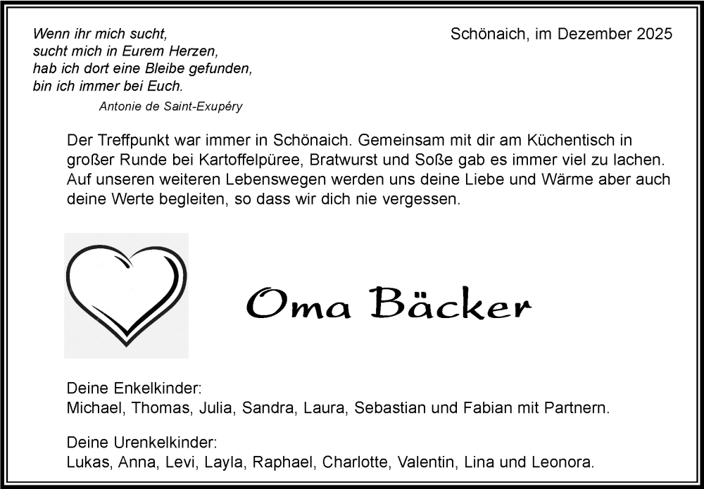  Traueranzeige für Oma Bäcker  vom 11.12.2025 aus Kreiszeitung Böblinger Bote