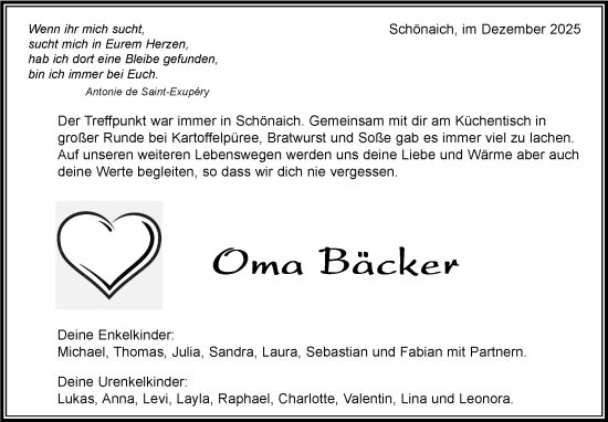 Traueranzeige von Oma Bäcker  von Kreiszeitung Böblinger Bote