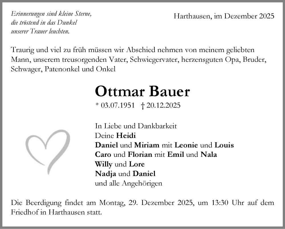  Traueranzeige für Ottmar Bauer vom 24.12.2025 aus Eßlinger Zeitung