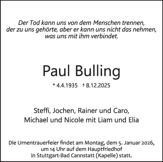 Traueranzeige von Paul Bulling von Stuttgarter Zeitung / Stuttgarter Nachrichten