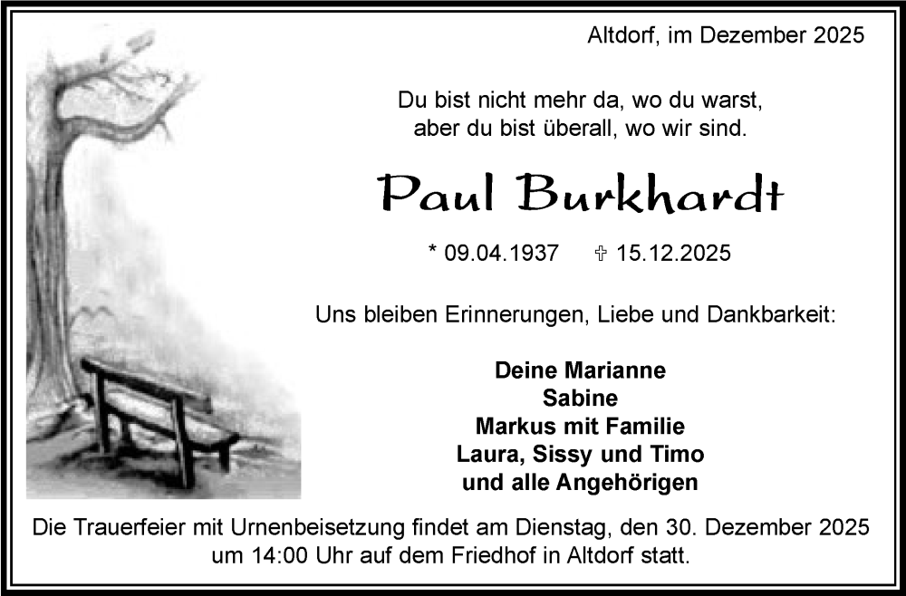  Traueranzeige für Paul Burkhardt vom 22.12.2025 aus Kreiszeitung Böblinger Bote