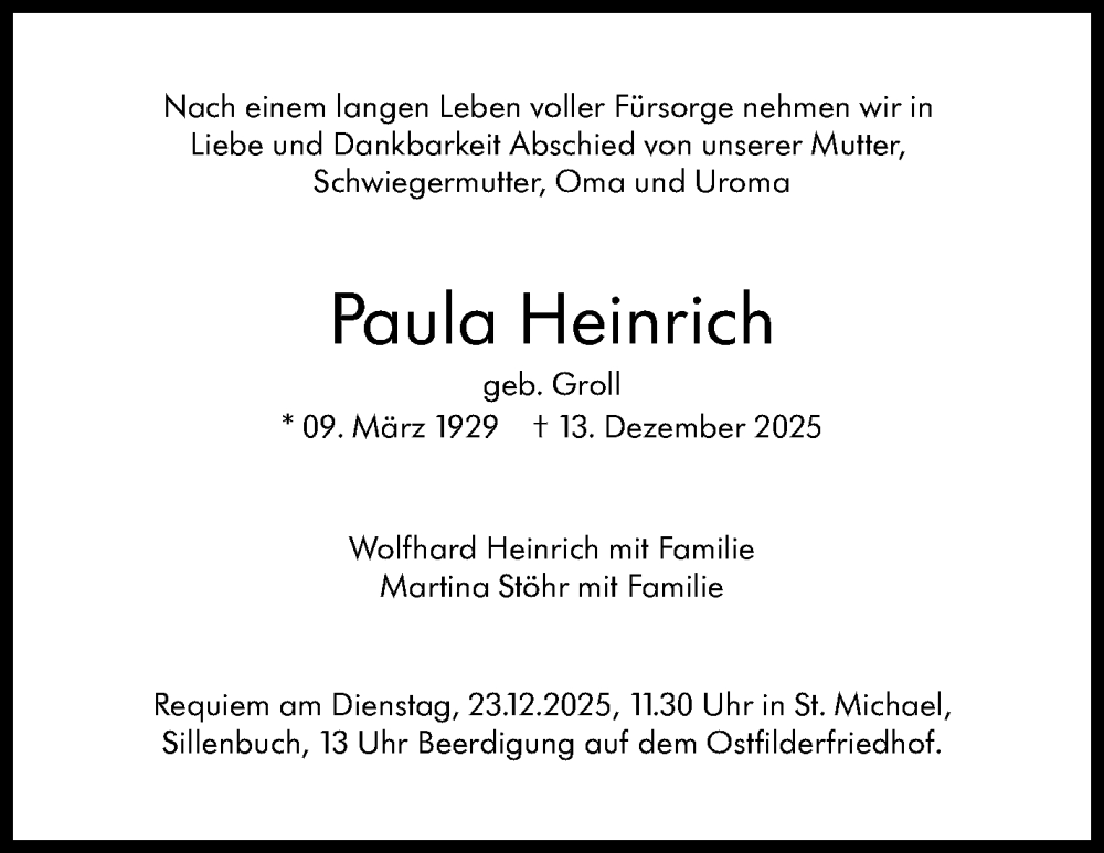 Traueranzeige für Paula Heinrich vom 20.12.2025 aus Stuttgarter Zeitung / Stuttgarter Nachrichten