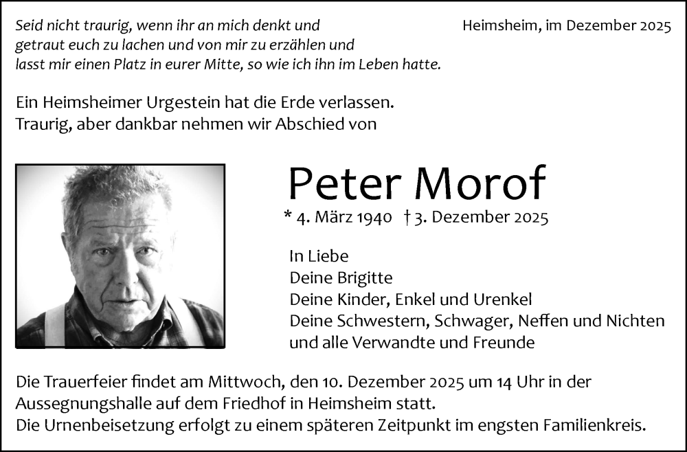  Traueranzeige für Peter Morof vom 06.12.2025 aus Leonberger Kreiszeitung / Strohgäu Extra