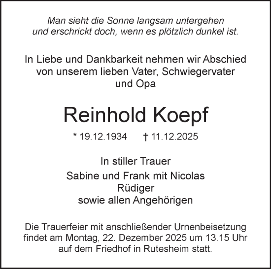 Traueranzeige von Reinhold Koepf von Leonberger Kreiszeitung / Strohgäu Extra