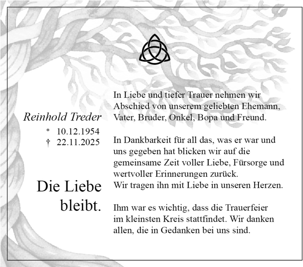  Traueranzeige für Reinhold Treder vom 13.12.2025 aus Stuttgarter Zeitung / Stuttgarter Nachrichten
