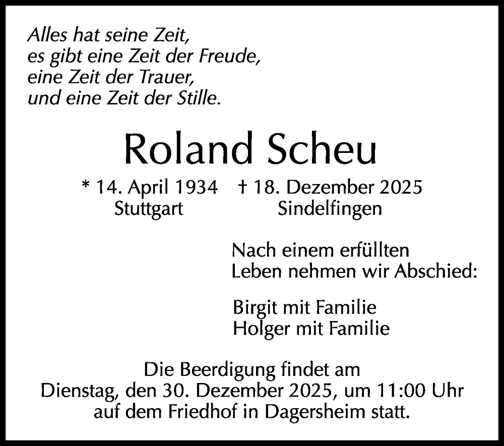 Traueranzeige für Roland Scheu vom 29.12.2025 aus Kreiszeitung Böblinger Bote