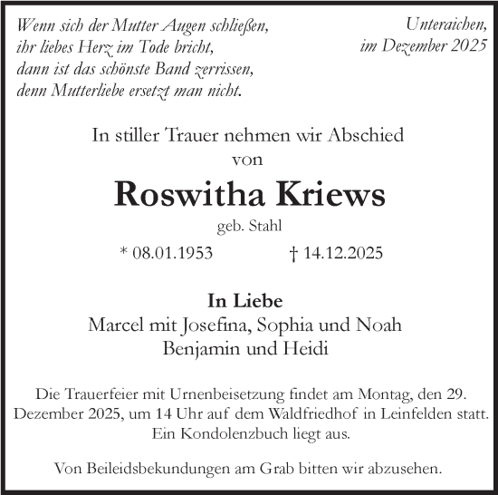 Traueranzeige von Roswitha Kriews von Eßlinger Zeitung