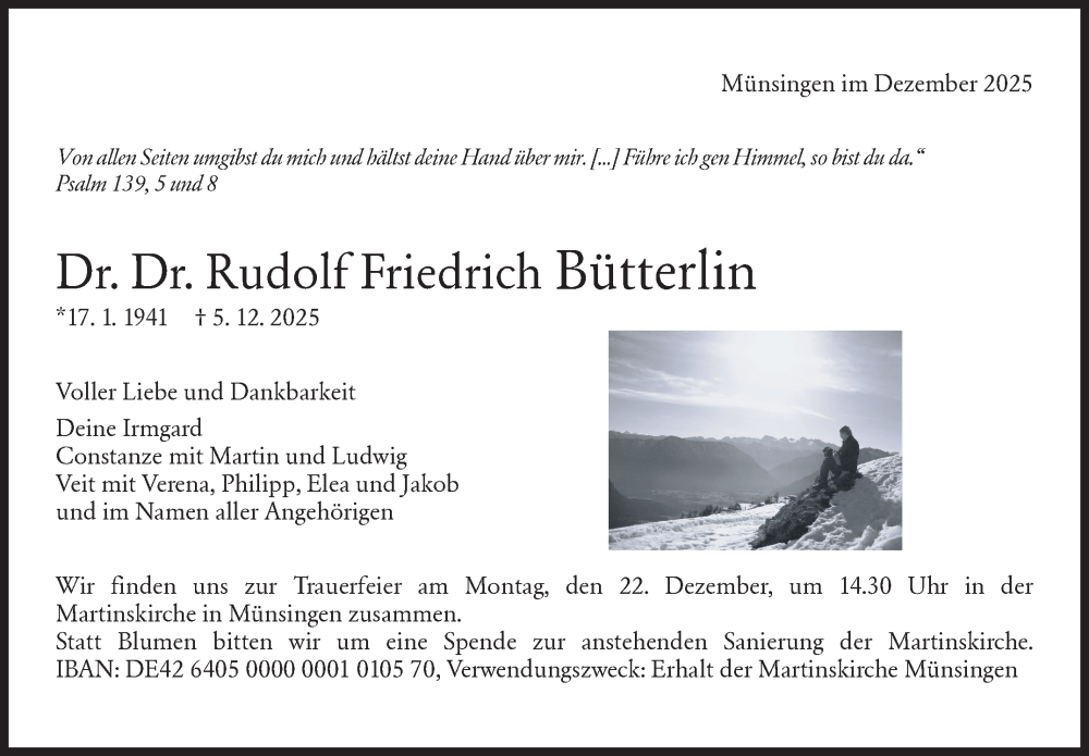  Traueranzeige für Rudolf Friedrich Bütterlin vom 15.12.2025 aus Stuttgarter Zeitung / Stuttgarter Nachrichten