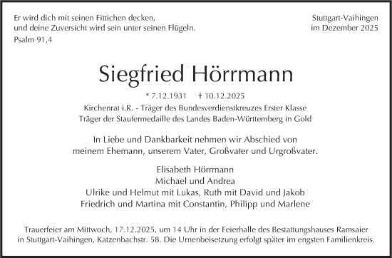 Traueranzeige von Siegfried Hörrmann von Stuttgarter Zeitung / Stuttgarter Nachrichten