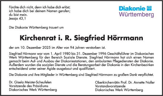 Traueranzeige von Siegfried Hörrmann von Stuttgarter Zeitung / Stuttgarter Nachrichten