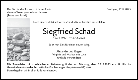 Traueranzeige von Siegfried Schad von Stuttgarter Zeitung / Stuttgarter Nachrichten