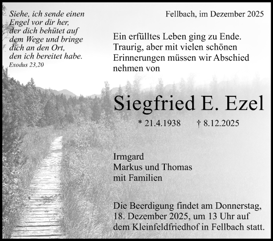 Traueranzeige von Siegfried E. Ezel von Stuttgarter Zeitung / Stuttgarter Nachrichten